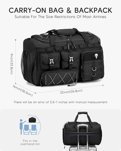 Tactical Gym Bag for Men Women, Carry On Luggage 22x14x9 Airline Approved 3 in 1 Travel Duffle Bag with Shoe Compartment for Weekender Overnight Range Workout