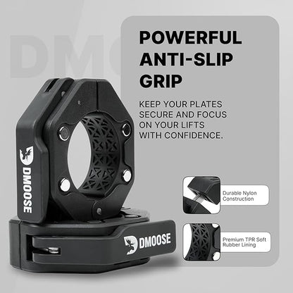 DMoose Fitness Barbell Clips 2 Inch (Pair) - Quick Release Olympic Barbell Clamps & Collars with Anti Slip TPR Grip for Secure Weightlifting and Powerlifting - Weight Clips for Bars at Home or Gym