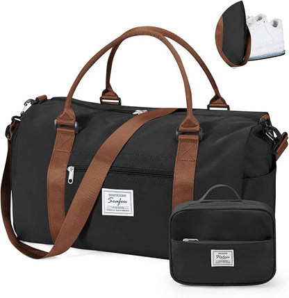 Gym Bag for Women with Shoes Compartment,Small Duffel Bag Sport bag with Toiletry Bag Overnight Travel Tote Bags Weekender Carry on Bag Personal Item Bags for Airlines Black Brown
