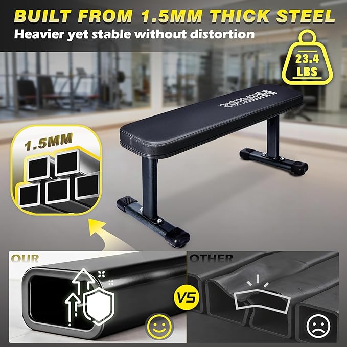 Flat Weight Bench, 2.4 Inch Thick Pad Workout Bench 660 LBS Bench Press Exercise Equipment for Home Gym Strength Weight Training