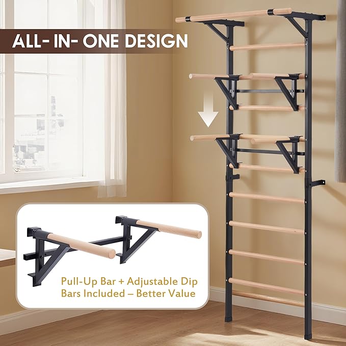 Solid Beechwood Stall Bar – Wall-Mounted Gymnastics Wall Ladder, Durable Beech Wood Rungs Resist Cracking, Perfect for Pull-Ups, Stretching & Home Gym