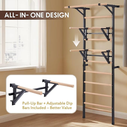 Solid Beechwood Stall Bar – Wall-Mounted Gymnastics Wall Ladder, Durable Beech Wood Rungs Resist Cracking, Perfect for Pull-Ups, Stretching & Home Gym