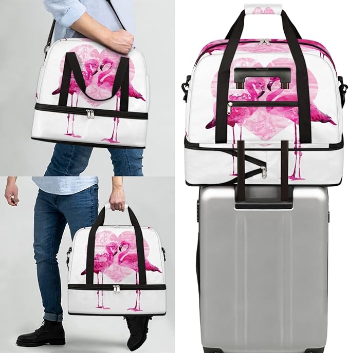Couple Flamingo Foldable Travel Duffel Bag Tote Carry On Luggage Sports Gym Bag With Shoe Compartment For Woman Man Overnight Weekend Yoga Workout Training Handbag