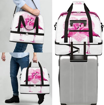 Couple Flamingo Foldable Travel Duffel Bag Tote Carry On Luggage Sports Gym Bag With Shoe Compartment For Woman Man Overnight Weekend Yoga Workout Training Handbag