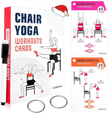 Chair Yoga Workouts for Women-58 Exercise Cards with Chair Yoga，ncludes 4-Week Challenge,2 Rings& Dry-Erase for Easy Organization-Home, Gym or Studio