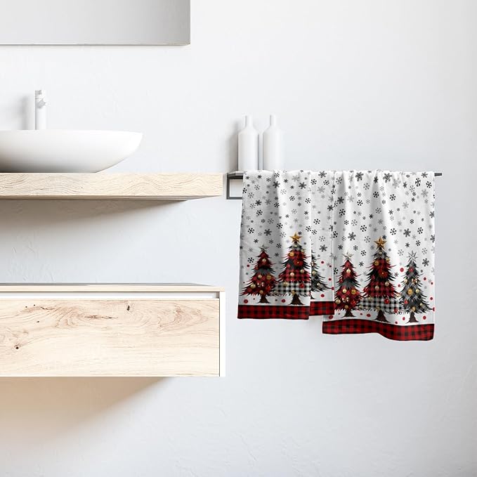 Merry Christma Hand Towels Set of 2 Xmas Trees Snowflake Decorative Towel Winter Red Buffalo Plaid Thin Bath Kitchen Tea Dish Holiday Washcloths for Bathroom Spa Gym