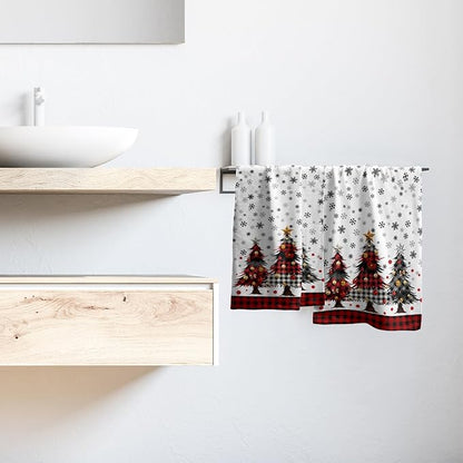 Merry Christma Hand Towels Set of 2 Xmas Trees Snowflake Decorative Towel Winter Red Buffalo Plaid Thin Bath Kitchen Tea Dish Holiday Washcloths for Bathroom Spa Gym