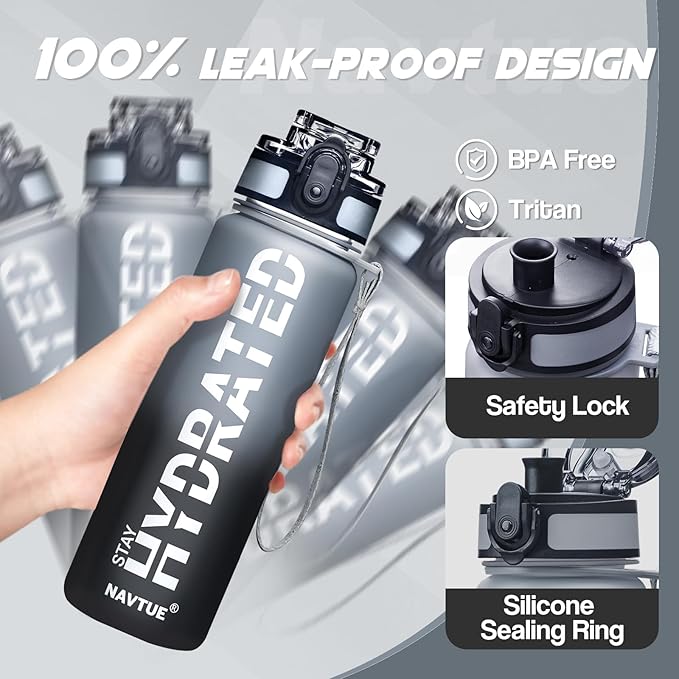 Water Bottle, 16oz Sports Water Bottles with Time Marker Wide Mouth, Motivational and Leakproof Drink Bottle, BPA Free Tritan with Carry Strap for Gym Fitness Outdoor(1 Bottle)