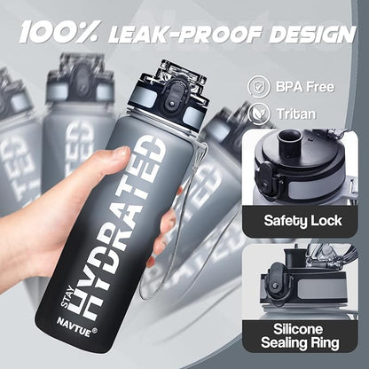 Water Bottle, 16oz Sports Water Bottles with Time Marker Wide Mouth, Motivational and Leakproof Drink Bottle, BPA Free Tritan with Carry Strap for Gym Fitness Outdoor(1 Bottle)