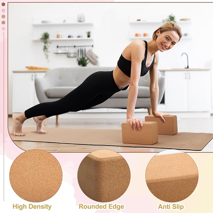 7 Pcs Cork All in One Yoga Essentials Kit Large Cork Yoga Mat and Blocks Set with Carry Strap and Alignment Lines 2 Pcs Massage Balls 10ft Stretch Strap for All Levels