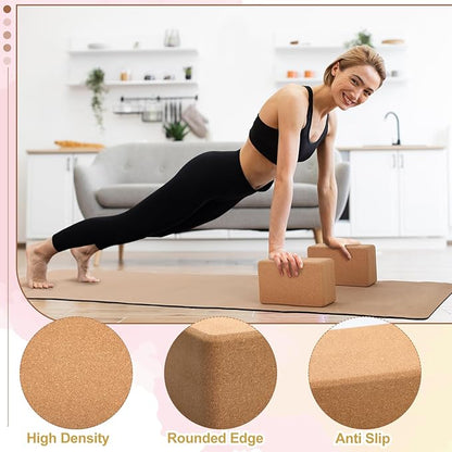 7 Pcs Cork All in One Yoga Essentials Kit Large Cork Yoga Mat and Blocks Set with Carry Strap and Alignment Lines 2 Pcs Massage Balls 10ft Stretch Strap for All Levels