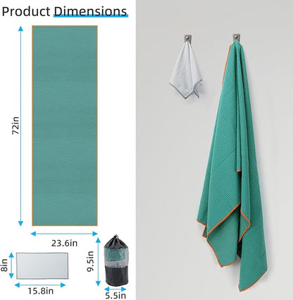 YESLIFE Non-Slip Extra Thick Hot Yoga Towel with One Sweat Towel, Microfiber Sweat Absorbent Yoga Mat Towel with Grip Dot, Pilates Mat, 72" x 24", Cyan