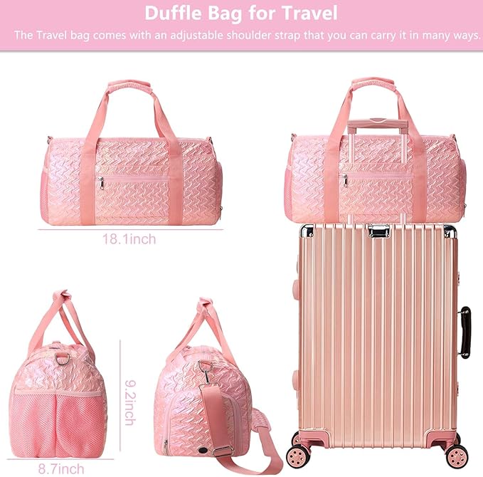 Gym Travel Duffle Bag for Girls - Gymnastics Sports Dance Bag with Shoe Compartment & Wet Pocket Kids Travel Bag Teens Weekender Sleepover Carry On Bag