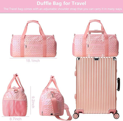 Gym Travel Duffle Bag for Girls - Gymnastics Sports Dance Bag with Shoe Compartment & Wet Pocket Kids Travel Bag Teens Weekender Sleepover Carry On Bag