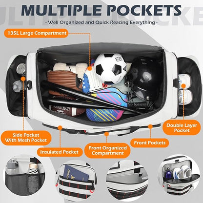 135L Large Duffle Bag, Heavy Duty Duffle Bag for Travel, Extra Large Sports Gym Equipment Bag for Soccer Baseball Basketball Hockey Football, Grey