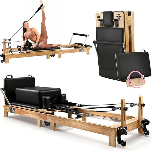 Pilates Reformer, Wooden Foldable Pilates Machine for Home Use, All-in-One Studio Equipment with 6 Springs, Jump Board, Sitting Box & Accessories 3t3 libras