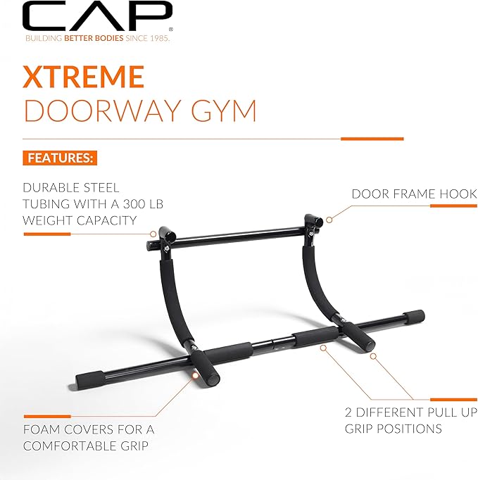 CAP Barbell Xtreme Doorway Pull-Up Bar | Portable Door Frame Chin-Up & Push-Up Bar for Home Gym | 300 lb Capacity Calisthenics Strength Equipment | No-Drill Indoor Workout Trainer