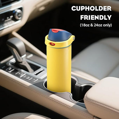POWCAN 18 oz Stainless Steel Water Bottle: 2-in-1 Push-Button Spout & Quick-Flip Straw, Leakproof, Cold 24Hrs, Fits Car Cup Holder, Insulated Sports Water Bottle for Women, Girls (Red Apple Charm)