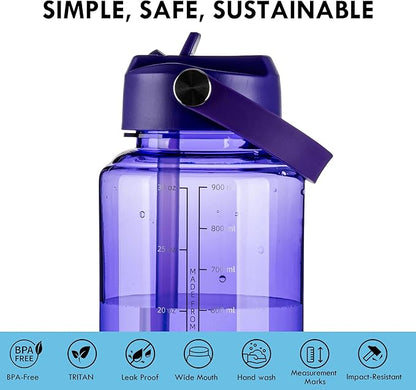 OLDLEY 32 oz Clear Water Bottle with Straw,Tritan BPA-Free, Wide Mouth, Leak Proof - for Gym, Travel, Home, School, Office (Deep Purple)