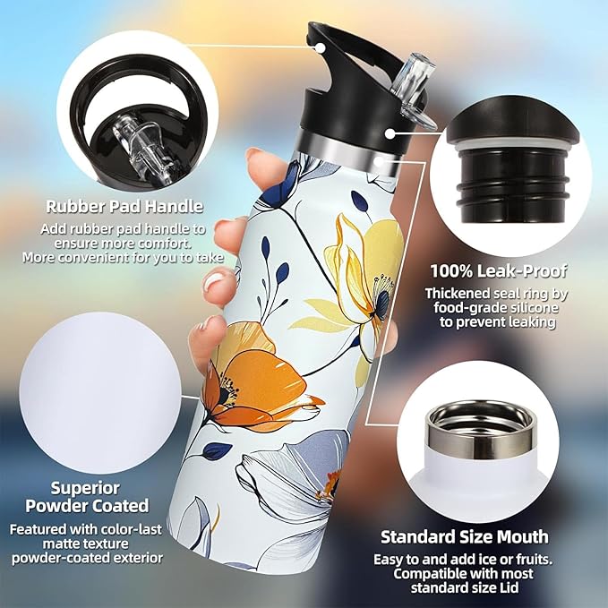 Abstract Floral Sport Water Bottle with Straw, Vacuum Insulated Stainless Steel Thermal Drinking Travel Mug Cups For Gym Fitness Camping-20oz/600ml