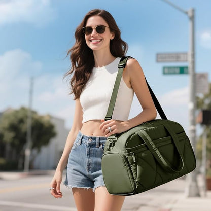 Gym Bag for Women, Puffer Travel Duffle Bag With Shoes Compartment & Wet Pocket, Carry On Tote Bag For Weekender, Overnight, Sport duffel bags for traveling (Green, Medium)
