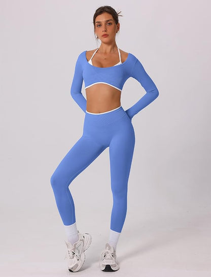 ABOCIW Workout Sets for Women Long Sleeve Crop Top Scrunch Butt Lifting High Waist Leggings 2 Piece Gym Yoga Outfits