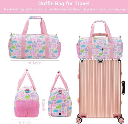 Gym Travel Duffle Bag for Girls - Gymnastics Sports Dance Bag with Shoe Compartment & Wet Pocket Dinosaur Kids Travel Bag Teens Weekender Sleepover Carry On Bag
