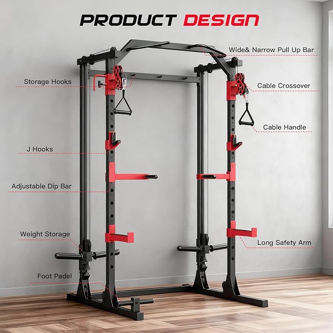 OPPSDECOR Power Cage, 2000LBS Squat Rack with Dual Pulley Cable Crossover System, Multifunctional Power Rack with More Training Attachments for Home Gym, Weight Cage Fits Compact Space