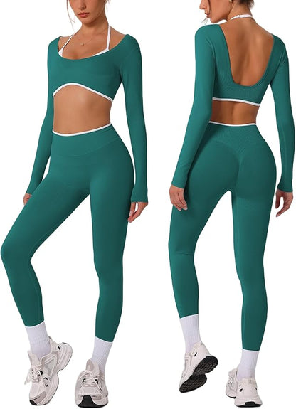 ABOCIW Workout Sets for Women Long Sleeve Crop Top Scrunch Butt Lifting High Waist Leggings 2 Piece Gym Yoga Outfits