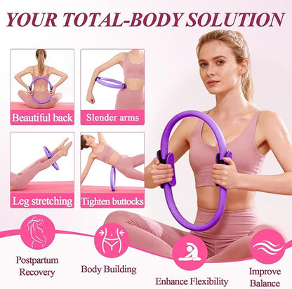Pilates Ring and Small Ball Set for Women with 5 Resistance Bands, 14 inch Magic Circle Home Workout Essentials Starter Kit for Beginners, Yoga Sets for Full Body Toning Shape