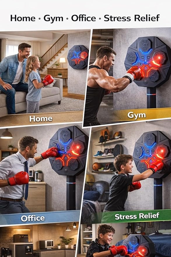 Music Boxing Machine for Adults, Bluetooth Wall Mounted Punching Machine, Interactive Boxing Trainer with LED Targets, Pro Boxing Gloves & Reflex Ball Headband, Home Gym Cardio Workout Training