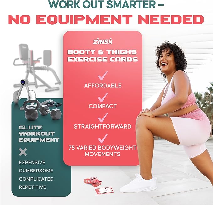 Zinsk 75 Booty & Thighs Exercise Cards - No Equipment Needed Glute Workouts to Shapen and Lift - Compact 3.5" x 2.5" Cards for Fun, Fast Home or Travel Leg and Butt Workouts for Women
