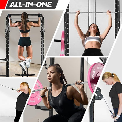 RitFit Multi-Function Garage & Home Gym Package Includes 1200LBS Power Cage PPC03/P3 with Cable Crossover System, Weight Bench, Olympic Barbell Weight Set, Full Body Workout