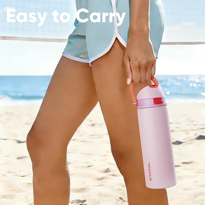 Insulated Water Bottle with Straw - Encool Stainless Steel Water Bottle with Push Button Lid, Leak-Proof & BPA-Free, Keeps Cold for 24 Hours for Sports, Travel, Gym (40 oz, Lily-Red)