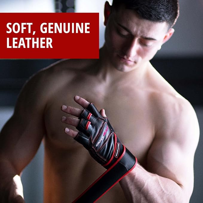 Weightlifting Gloves for Gym Fitness Bodybuilding - Dominator Leather Crossfit Cross Training Gloves Wrist Strap Wrap - Best Weight Lifting Gloves with Wrist Support for Heavy Lifting