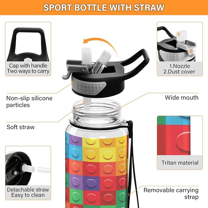 Colorful Building Blocks 32oz Sports Water Bottle with Straw – BPA Free, Leakproof, Reusable, Large Capacity Gym Bottle for Travel, Fitness, Outdoor Use