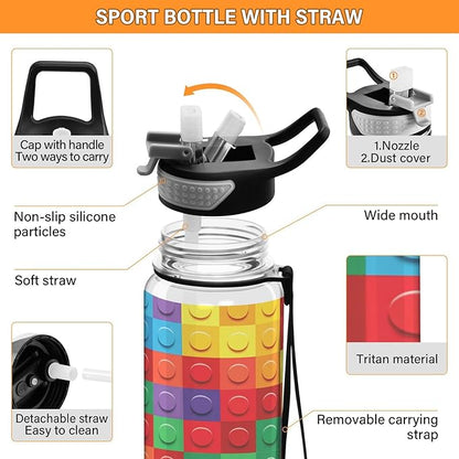 Colorful Building Blocks 32oz Sports Water Bottle with Straw – BPA Free, Leakproof, Reusable, Large Capacity Gym Bottle for Travel, Fitness, Outdoor Use