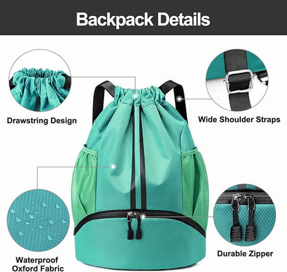 Hoedia Sports Drawstring Backpack - String Swim Gym Bag with Shoes Compartment and Wet Proof Pocket for Women/Men (Mint Green)