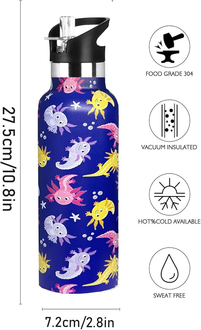 Animal Axolotl Sport Water Bottle with Straw, Vacuum Insulated Stainless Steel Thermal Drinking Travel Mug Cups For Gym Fitness Camping-20oz/600ml