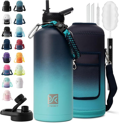 Insulated Water Bottle | Thickened Stainless Steel for Gym and Hiking with Straw, Carrier Bag, Handle Strap | BPA-Free 87 oz