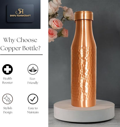 Copper Water Bottle 34 Oz Hammered Copper Water Bottle For Drinking 100% Pure Ayurvedic Vessel For Leak-Proof Lid Bottle for Yoga, Gym, Office, Home