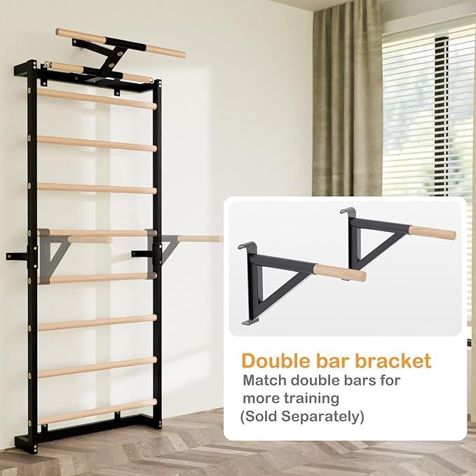Swedish Ladder, Wood Stall Bars Suspension Trainer with Pull-Up Bar & Rings for Straps, Swedish ladders Wall Gym Adult, Wall-Mounted Workout Ladder for Home, Gym, School and Clinics