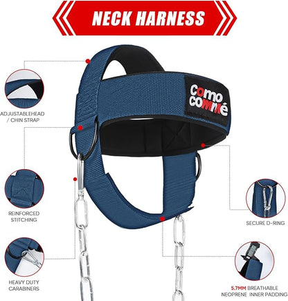 Fitness Neck Head Harness Trainer for Men and Women, Neck Exerciser with 29" Heavy Duty Steel Chain for Safely Lifting, Adjustable Neoprene Neck Exerciser for Weight Lifting, Home and Gym Use
