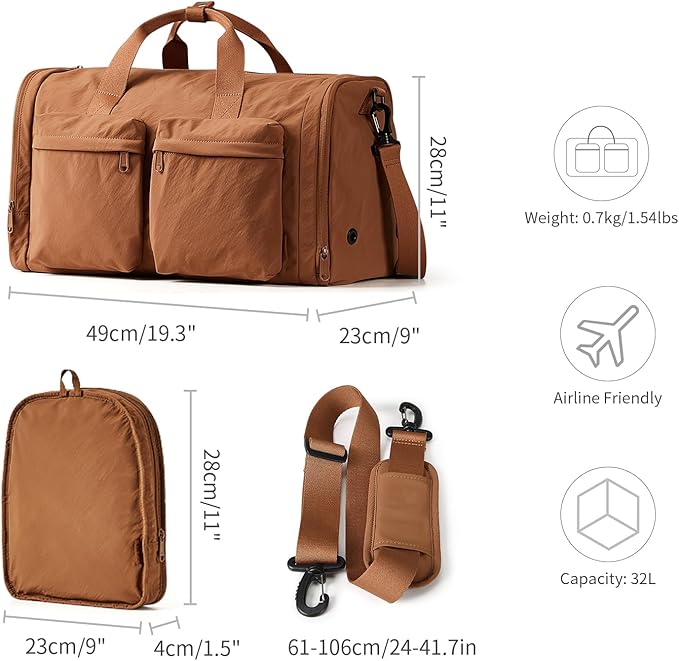 Aji Foldable Gym Bag for Women Men with Shoes Compartment, 3 in 1 Carry on Travel Duffel Bag with Trolley Sleeve, Lightweight&Water Resistant Duffel Bag for Travel, Sports, Fitness&Workout,Warm Brown