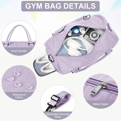 Gym Bag for Women with Shoes Compartment,Small Duffel Bag Sport bag with Toiletry Bag Overnight Travel Tote Bags Weekender Carry on Bag Personal Item Bags for Airlines Light Purple