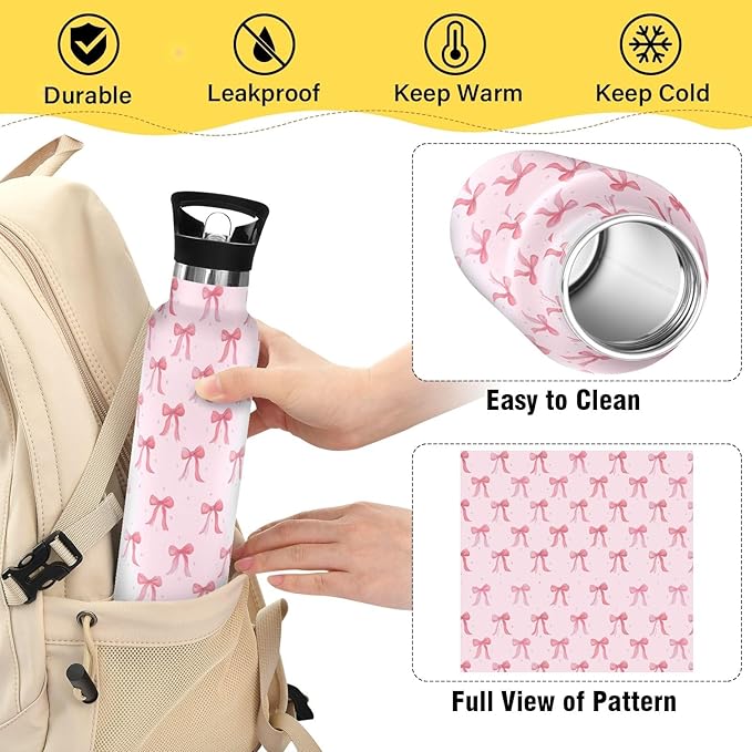 Insulated Water Bottle with Straw Cute Pink Ribbon Bow 20 Oz Kids Stainless Steel Water Flask Sports Travel Mug for Boys Girls