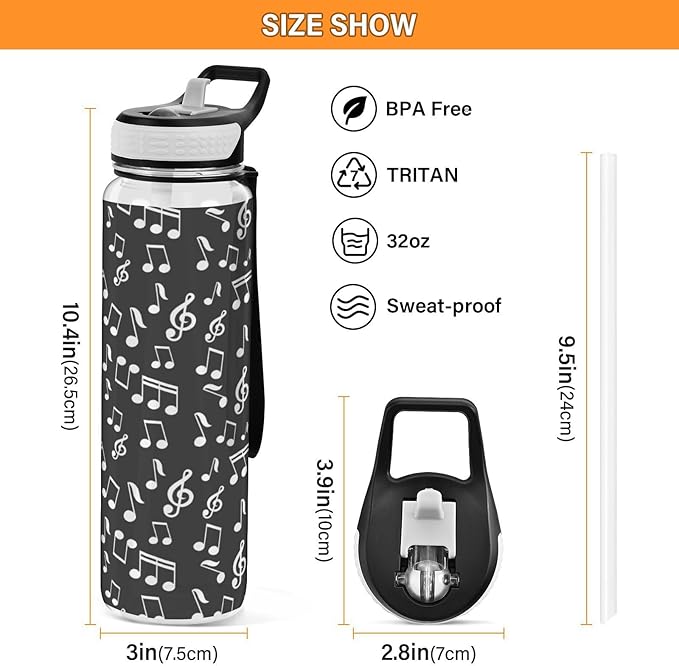 Fustylead Music Notes 32 oz Tritan Water Bottle with Straw, Leakproof and BPA-Free Sport Water Bottle for Fitness, Gym & Outdoor