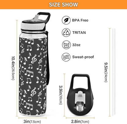 Fustylead Music Notes 32 oz Tritan Water Bottle with Straw, Leakproof and BPA-Free Sport Water Bottle for Fitness, Gym & Outdoor