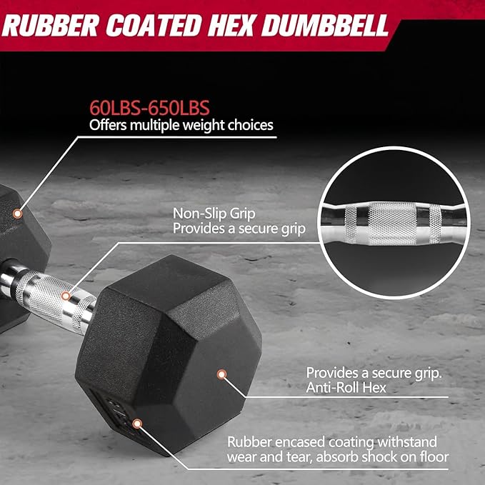 RitFit 250LB/300LB/350LB/550LB/650LB Rubber Hex Dumbbell Sets with Weights Rack, Multiple Color Choices Available, Great Gym Equipment for Home, Strength Training, Workouts