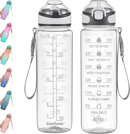 Enerbone 32 oz Water Bottle with Times to Drink and Straw, Motivational Drinking Water Bottles with Carrying Strap, Leakproof BPA & Toxic Free, Ensure You Drink Enough Water for Fitness Gym Outdoor